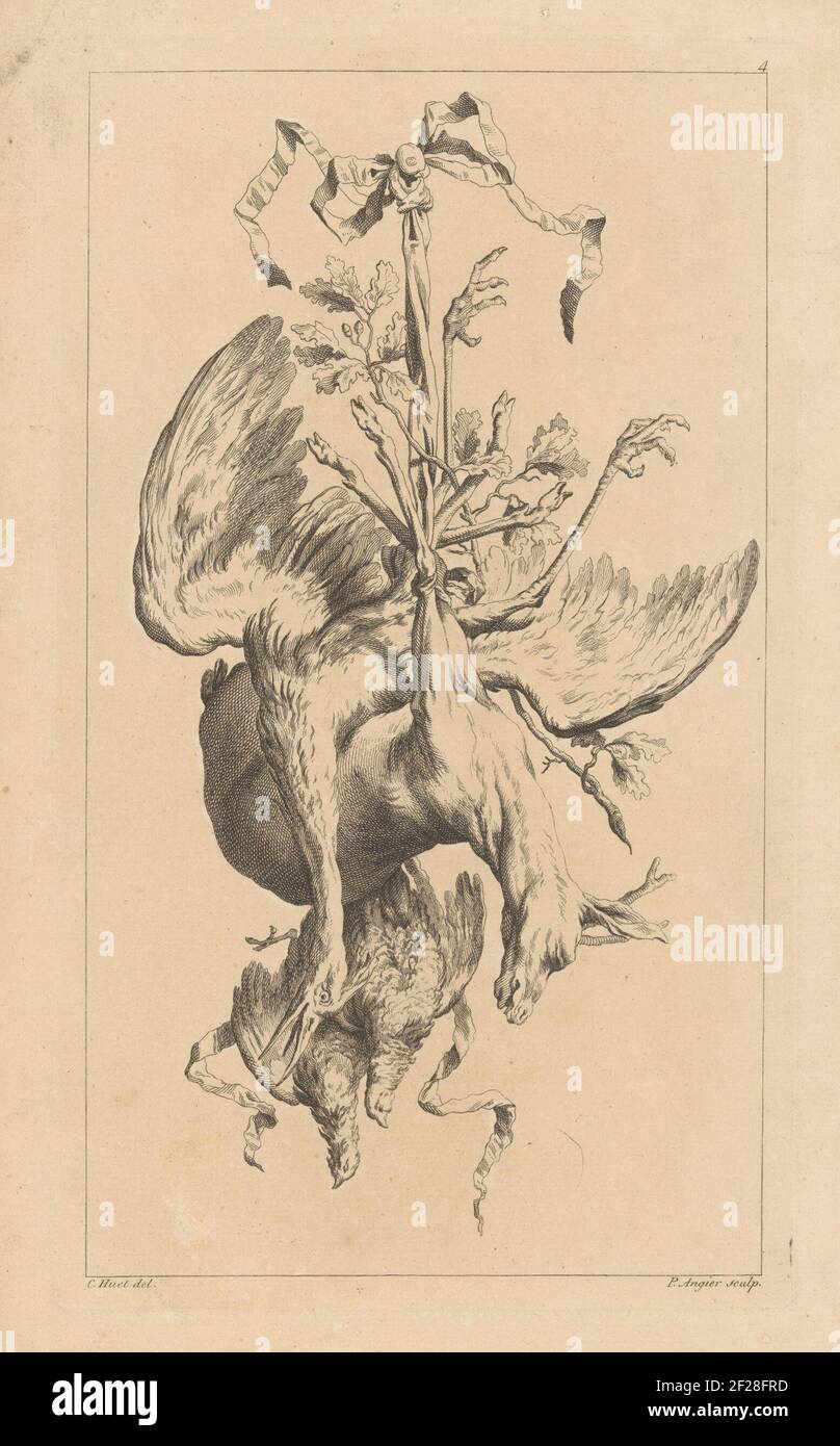 Trofee a rencontré hert en vogels; UN nouveau livre de trophées de chasse.UN trophée de yacht avec un cerf, un oiseau (robinet) et deux petits oiseaux. Banque D'Images