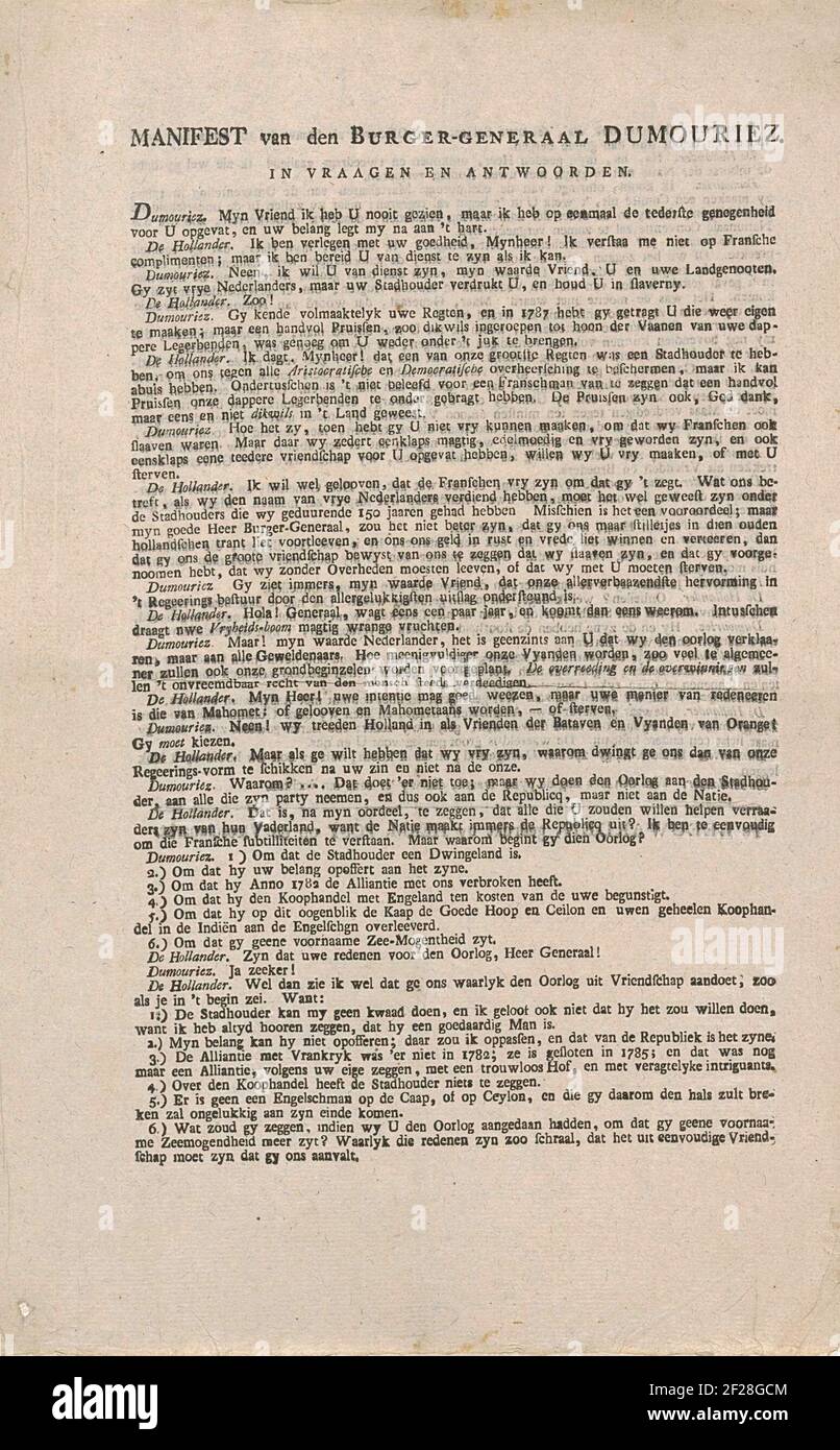 Samenspraak tussen Dumouriez en Hollander, 1793; manifeste van den Burger-Generaal Dumouriez. In vraagen en Antwoorden.feuille de texte imprimée des deux côtés avec une consultation entre le général français Charles François Dumouriz et le Hollandais. Après son départ des pays-Bas en 1793. Banque D'Images