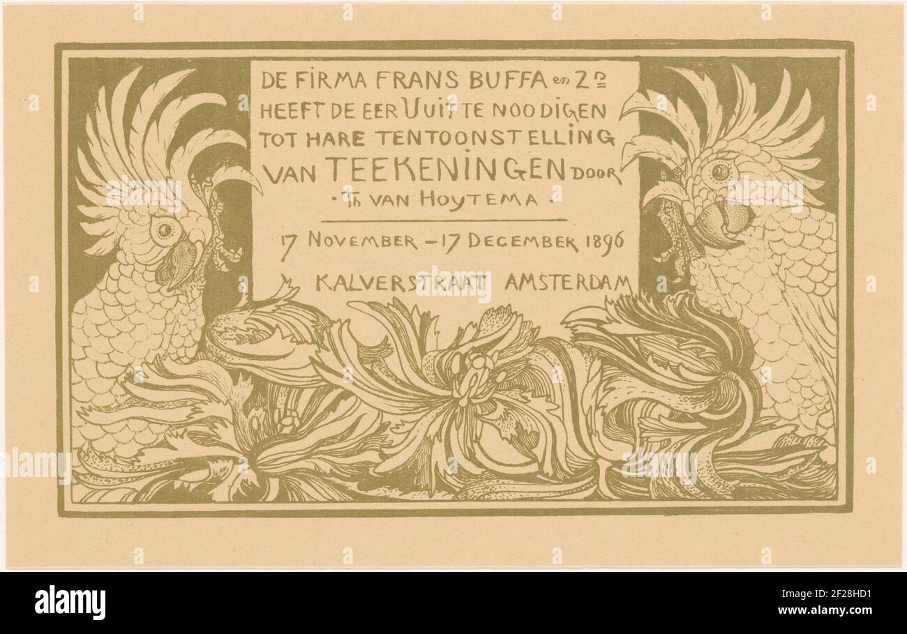 Invitation avec deux cafards. Invitation à une exposition de dessins par Theo van Hoytema. De chaque côté du texte, deux cacatoès. Banque D'Images
