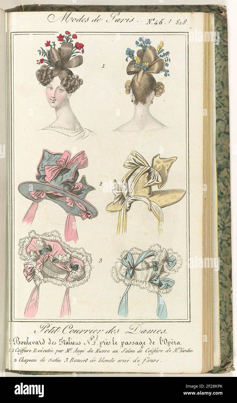 Petit courrier des Ladies, 10 décembre 1827, n° 45/518: 1. Coiffure exécutée par m.r anogé .... une coupe de cheveux, un chapeau et un chapeau, de l'avant et de l'arrière exposés, numérotés de un à trois. 1 coiffure excitée par M. Angé du Havre au salon de coiffure de M. Nardin 2 Chapeau de Satin 3 Bonnet de Blond Orné de fleurs .. Imprimé du magazine de mode petit courrier des Ladies (1821-1868). Bound (avec quelques pp. Le Journal des Laden et des modes). Du 15 janvier 1827 au 20 mars 1830. Incomplet. Banque D'Images