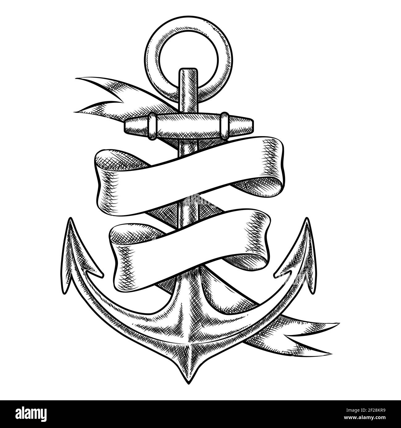 Esquisse d'ancrage vectorisée à la main avec ruban vierge. Objet isolé nautique, illustration de tatouage marin vintage Illustration de Vecteur