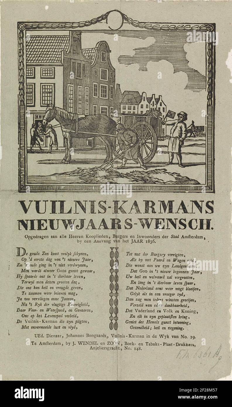Nieuwjaarswens van de vuilnismannen van Amsterdam voor het jaar 1836; Vuilnis-karmans nieuwjaars-wensch.le nouvel an des collectes de déchets d'Amsterdam pour l'année 1836. Vue dans une rue d'Amsterdam où un homme crée la saleté de la rue et un autre homme court avec le rochet. Deux autres hommes reçoivent de l'argent dans une maison. Avec poème en deux colonnes. Des armures dans le QUARTIER NO 19: Johannes Bongaards. Banque D'Images