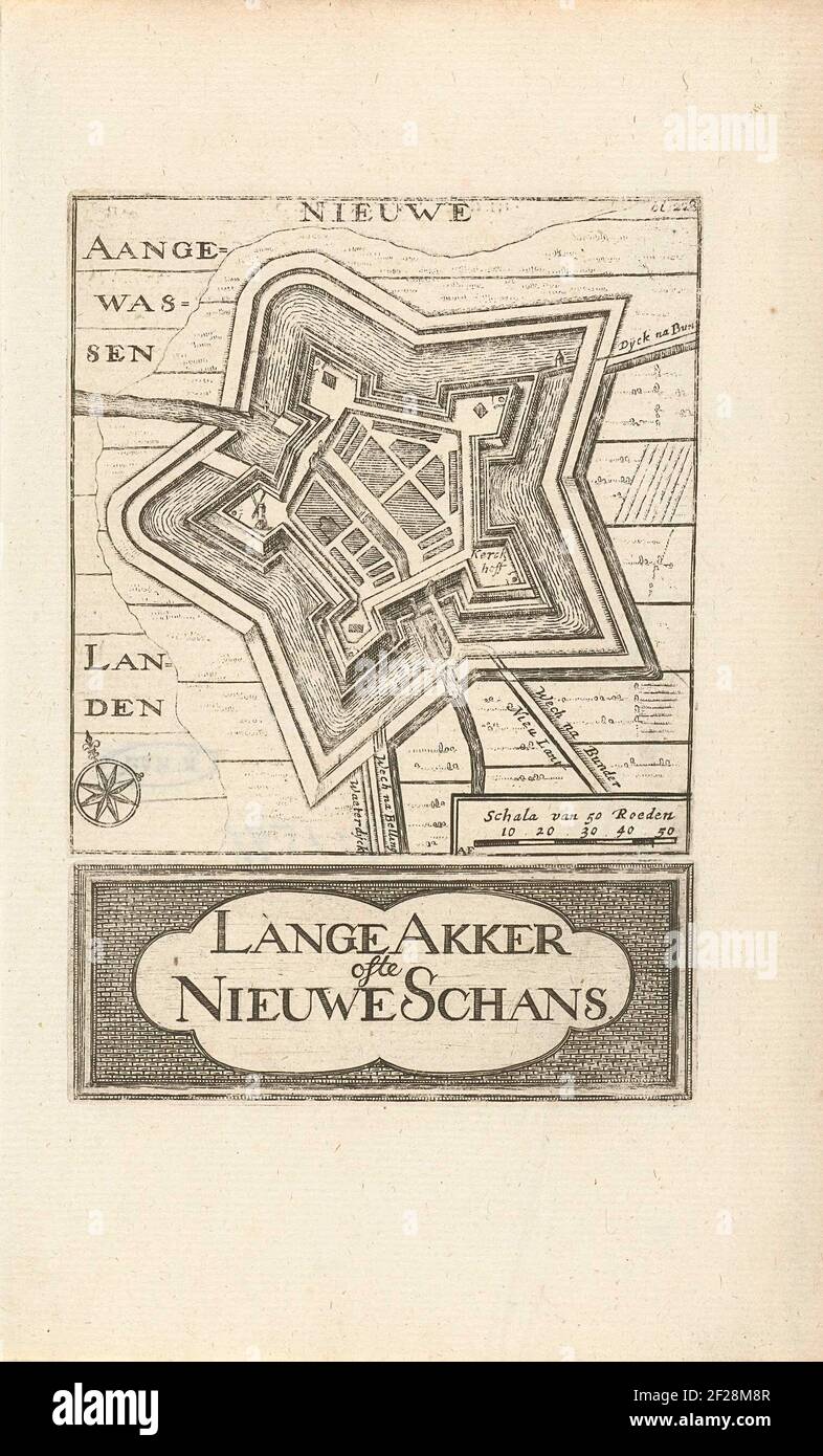 Kaart van Nieuweschans; Lange Akker ofte Nieuwe Schans.deux tirages sur une feuille: En haut d'une impression avec une représentation d'une carte de Nieuweschans et en dessous d'elle une impression avec le titre dans une cartouche. Dans le haut de l'impression en bas à droite d'un bol et en haut à droite: BL. 228. Banque D'Images