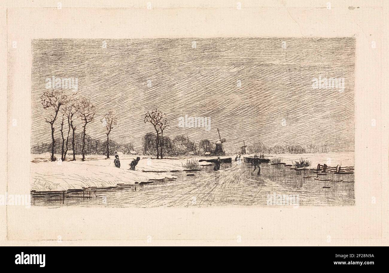 Schaatsers dans een Hollands landschap.skaters à une vitesse. Sur la gauche, deux patineurs viennent d'un fossé. Deux moulins à distance. Banque D'Images