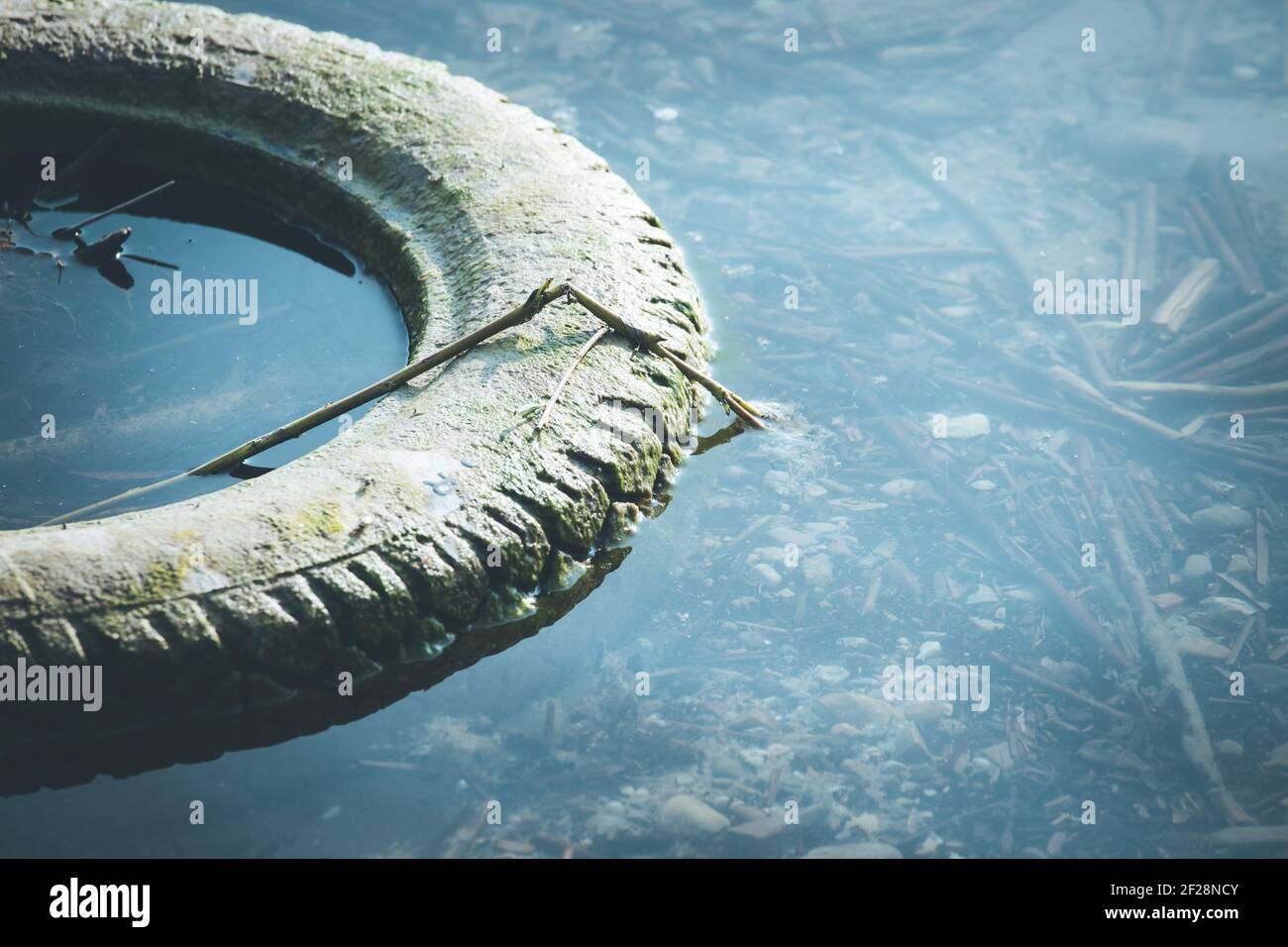 Pollution de l'environnement: Vieux pneu est couché dans l'eau, le littoral  Photo Stock - Alamy
