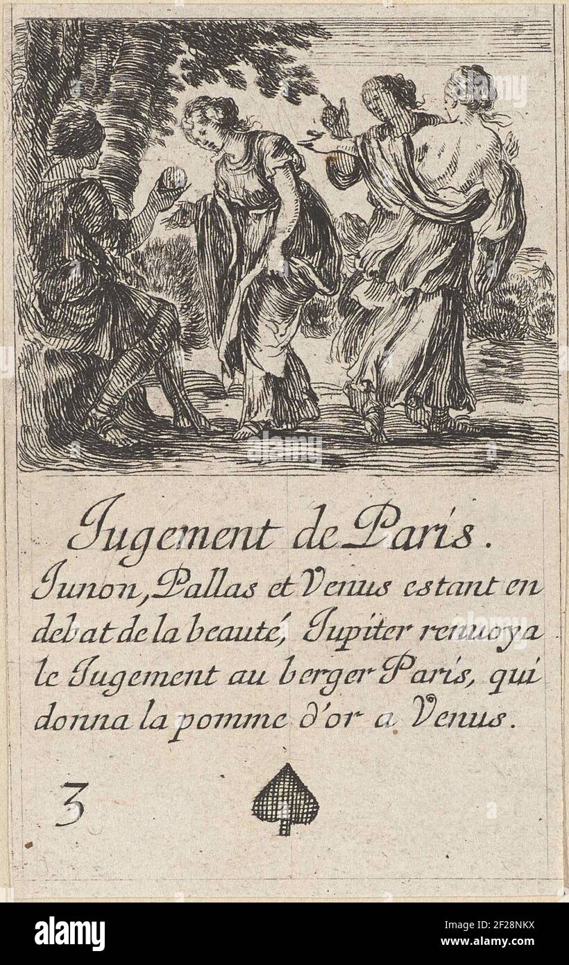 Jugement de Paris; Koppen Three; Jugement de Paris; jeu de cartes avec des performances mythologiques; jeu des Fables.jeu de cartes avec une représentation de Paris avec Juno, Vénus et Minerva. Texte et coup de pied dans le sous-marin. Banque D'Images