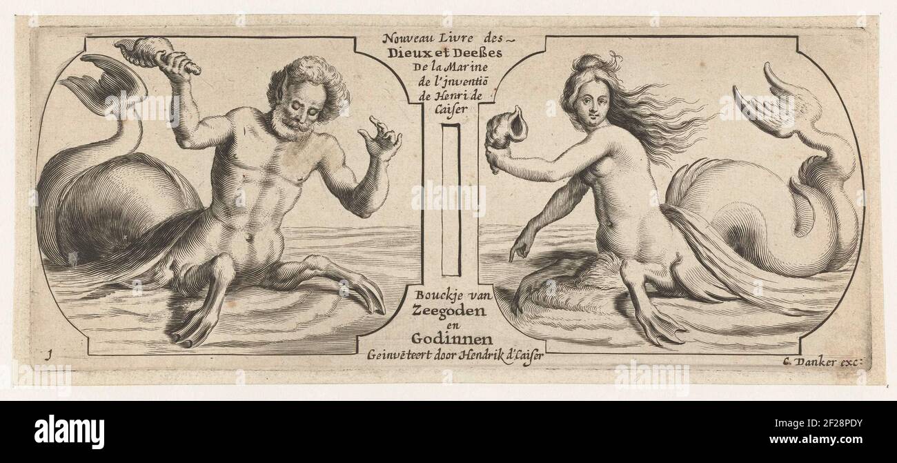 Deux compartiments, chacun dans les compartiments a triton; Nouveau Livre des Dieux et Deeßes de la Marine Bouckje van Zeegoden et Goddessen.twee, côte à côte dans lequel un triton avec une coquille dans sa main; sur la droite une femelle triton avec une coquille dans la main. Au milieu du titre. Banque D'Images