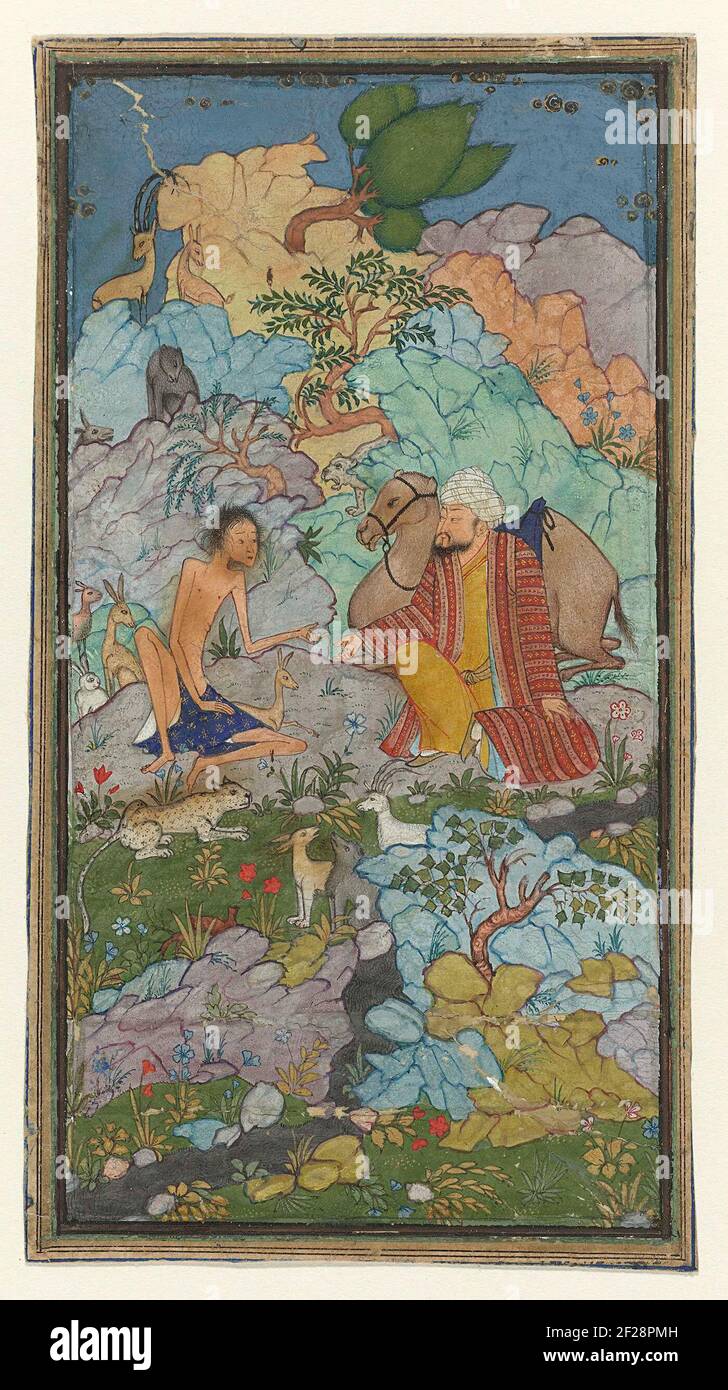 Épisode de l'histoire d'amour de Laila et Majnun, le Majnun affligé est dans un paysage avec un homme et son chameau.le père de Maynun visite son fils dans le désert. Illustration de l'histoire de Laila et de Majnun de la Khamsa de Nizami. Banque D'Images