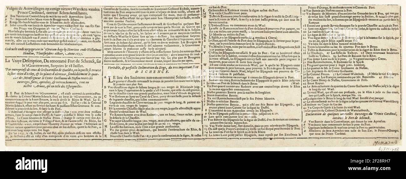 Beleg van Schenckenschans (tweede tekstblad), 1635; Belegeringe van Schencken-Schans, met alle de nieuwe Forten ende Approchen / le siège du fort de schinc, Avecq toutes les nouvelles fortifications et approches; La Vraye Description, du renommé fort de Schenck, sur le 's Gravenweert, Surprins le 18 Iuillet.deuxième feuille de texte appartenant à la carte du siège des Espagnols le 28 juillet 1635 pour surprise fort Schenckenschans par l'armée d'Etat sous Frederik Hendrik, depuis le 30 juillet 1635. Feuille avec 4 colonnes texte en néerlandais, avec les légendes AZ et 1-50. Première feuille de texte d'un non assemblé Banque D'Images