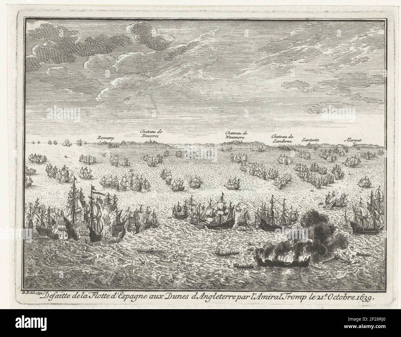 Bataille maritime à Duins, 1639 ; Defaitte de la flotte d'Espagne aux Dunes d'Angleterre par l'Amiral Tromp le 21e. Octobre 1639.Seagee à Duins entre la flotte d'État sous l'amiral Tromp et une flotte espagnole, 21 octobre 1639. Au loin la côte anglaise avec des noms de lieux en français. Banque D'Images