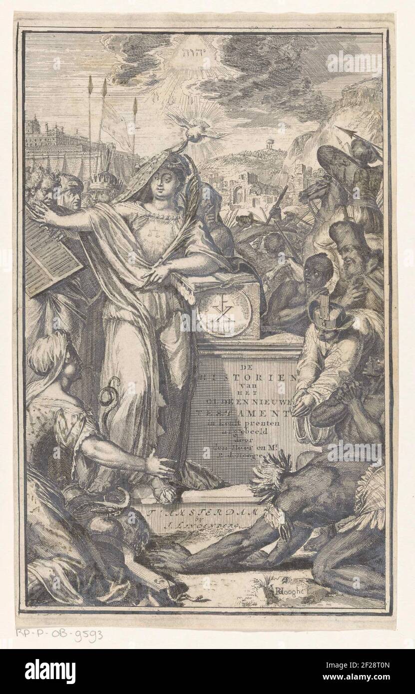 Allegorie op het oude en nieuwe testament; de historien van het oude en nieuwe testament; Titelpagina voor: Henricus vos, alle de voornaamste historien des Ouden en Nieuwen Testamments, 1703.une figure féminine allégorique avec des écailles sur la poitrine et la branche de la paume est penchée manuellement sur un livre contre un piédestal avec le titre du livre. Avec son pied droit, elle piétinera un serpent. À gauche d'elle se trouve Moïse avec les pierres dîner. Il y a une femme à genoux devant elle. À droite des figures d'adoring de diverses descentes. Derrière les hommes derrière elle. En arrière-plan le temple de Salomon, la chute et Banque D'Images