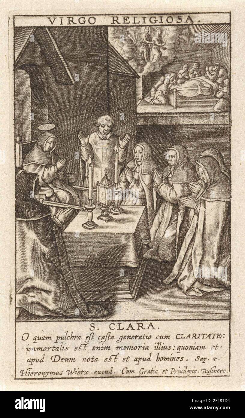 H. Clara van Assisi; Virgo Religiosa S. Clara; Specvlvm Virdinitatis.The Saint Clara, habillée dans le Habij de l'ordre franciscain, en adoration pour les Monstrans avec l'hôte pendant la messe. Elle est accompagnée d'un prêtre et de sœurs de son ordre. En arrière-plan la mort de Clara. Christ et Maria apparaissent comme une vision au-dessus de son lit. Dans la marge une citation bible à trois pattes de la voie. 4 en latin. Banque D'Images