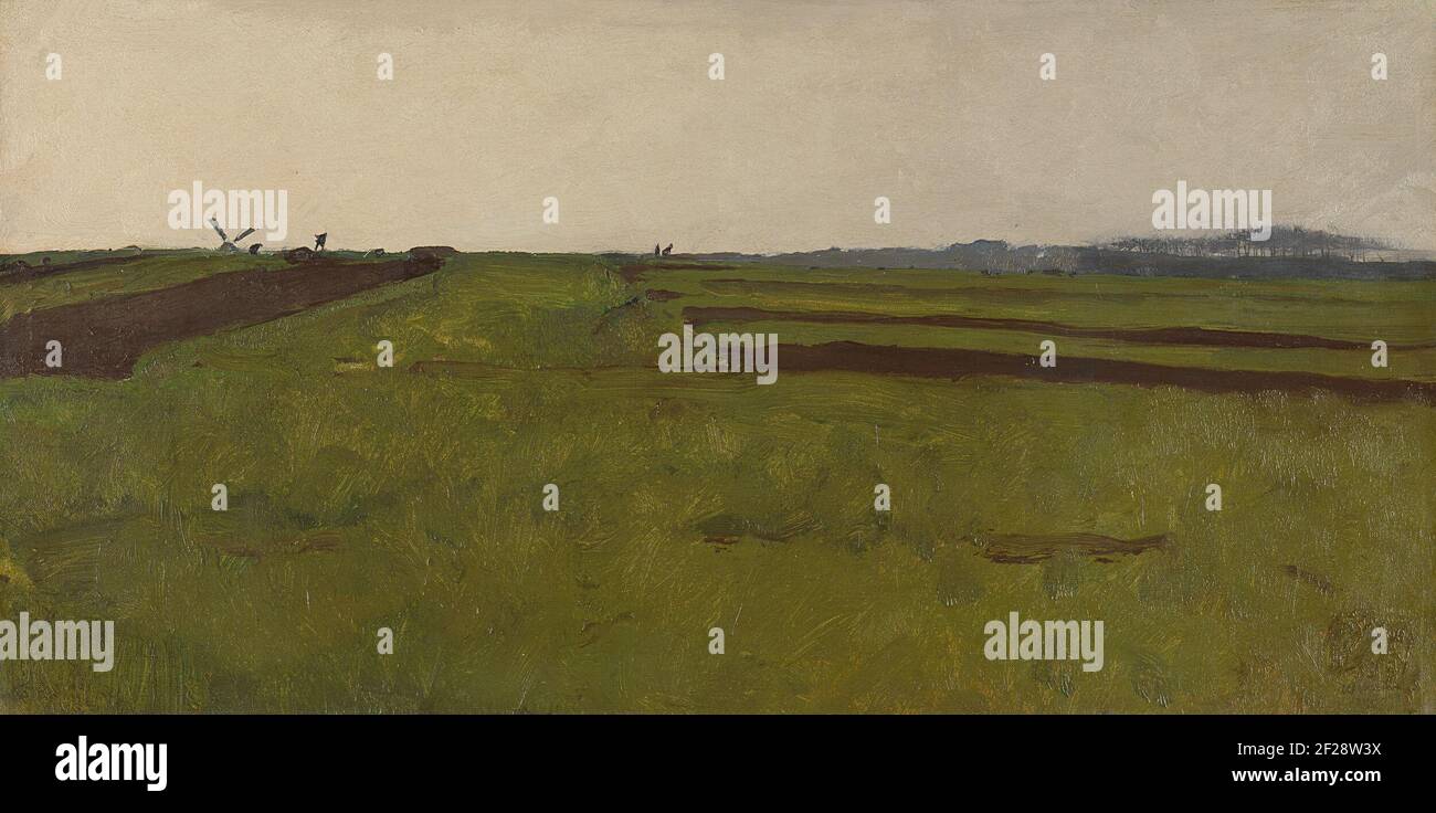 Paysage avec champs.Paysage avec champs arables, à l'horizon à gauche un moulin et un groupe d'arbres à droite. Banque D'Images