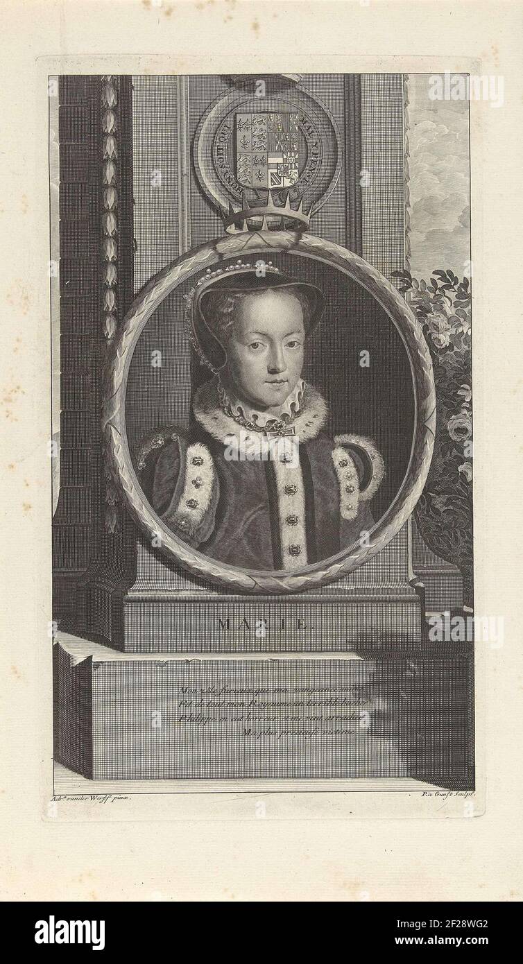Maria Tudor, reine d'Angleterre. Blason d'Angleterre au-dessus du portrait.  L'imprimé a un poème français comme légende de sa vie Photo Stock - Alamy