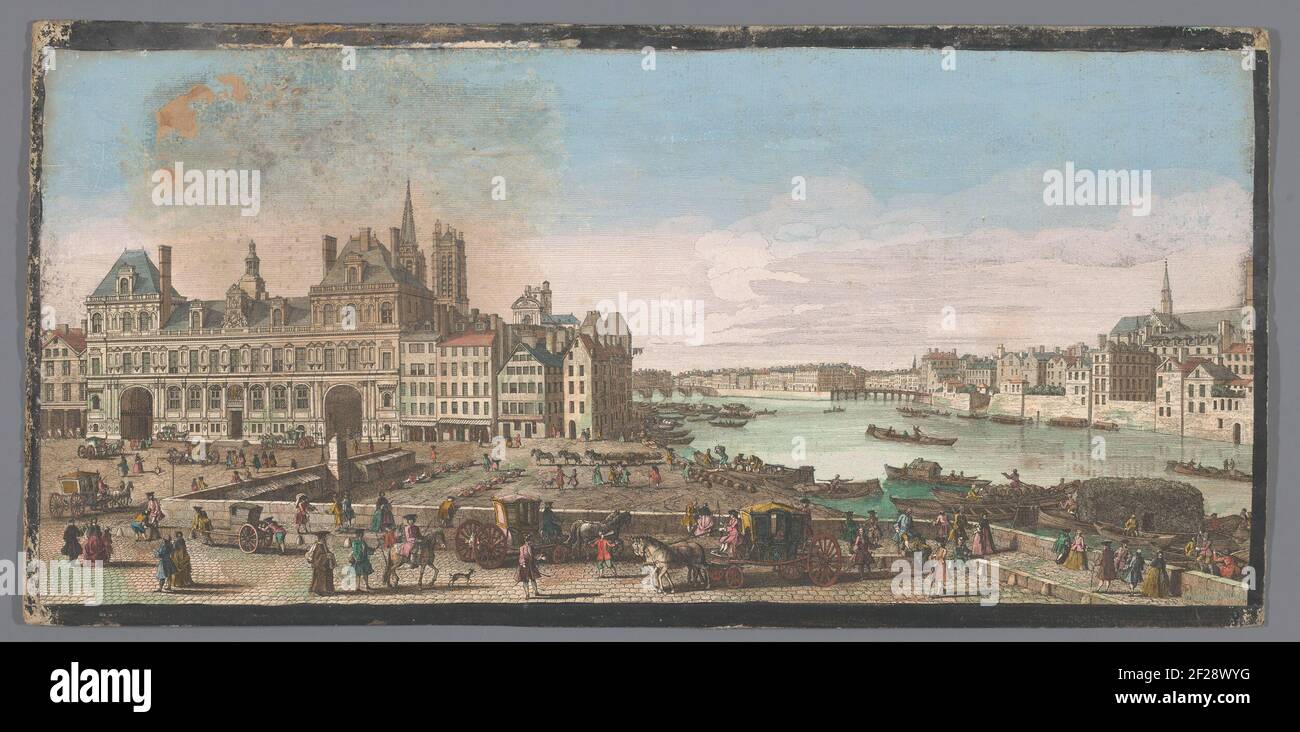Gezicht op Het Stadhuis à Rivier de Seine te Parijs ; Vuë depuis l'hôtel de ville de Paris. Là où nous voyons dans l'enlèvement du pont Marie et le pont de bois dit le pont rouge.op de l'achtergrond rayons de pont Marie à Rouge de Pont Oever Rivière de Seine. Banque D'Images