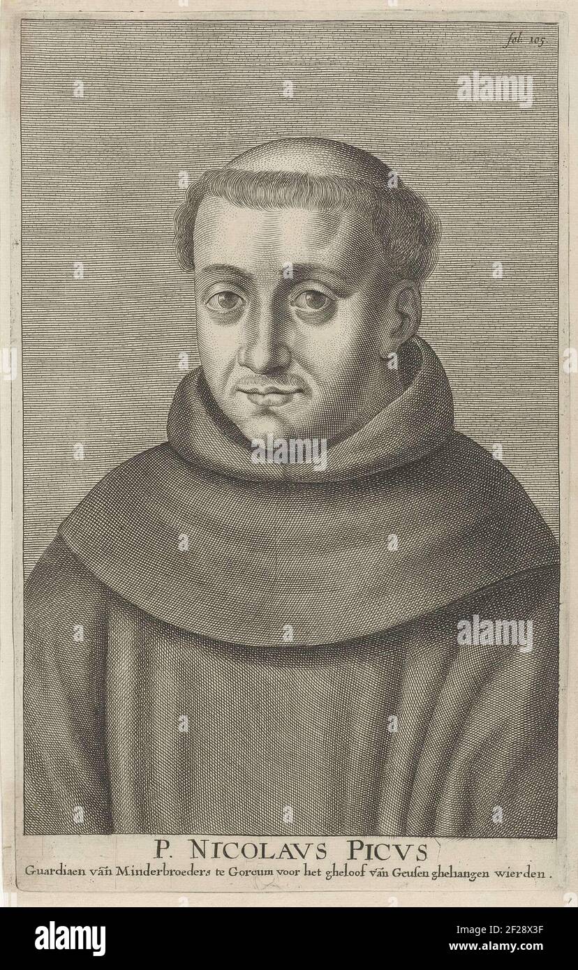 Portrait de nicolaus picus, prêtre franciscain, théologien et vers 1568 nommé Gardien du monastère de l'échangeur de Gorinchem. Un des dix-neuf martyrs de Gorcum. Imprimer en haut à droite étiqueté fol. 105 Banque D'Images