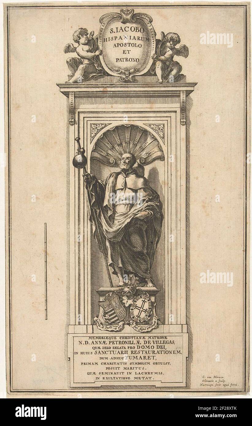 Statue de Jacques le multiple dans une niche; S.Jaco Hispaniarum Apostolo et Patrono.Statue de l'apôtre et Saint patron de l'Espagne, Jacques le multiple sur une base dans une niche. Derrière sa tête de la coquille de pétoncle et dans sa main, un membre du personnel de pèlerinage avec une bouteille à base de baumes. Au-dessus de la niche une cartouche avec son nom, flanquée de deux putti. Sous la niche un ninegene texte en latin. Banque D'Images