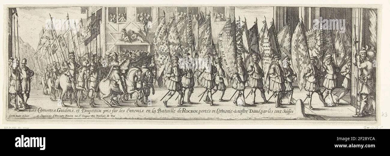 Procession avec les bannières espagnoles Bot dans la bataille de Rocroi, 1643; les Cornettes, Guidons, et les eaux Prs sur les Mermemis et la bataille de Rocroy, Portés et cérémonie à Nostre Damé, par les cent Suisses.opocht avec pendant la bataille de Rocroi (19 mai 1643) Sur les Espagnols, des cloches et des drapeaux, portés par une centaine de soldats suisses à l'église notre-Dame, 1643. Procession avec des soldats à pied et à cheval. Banque D'Images