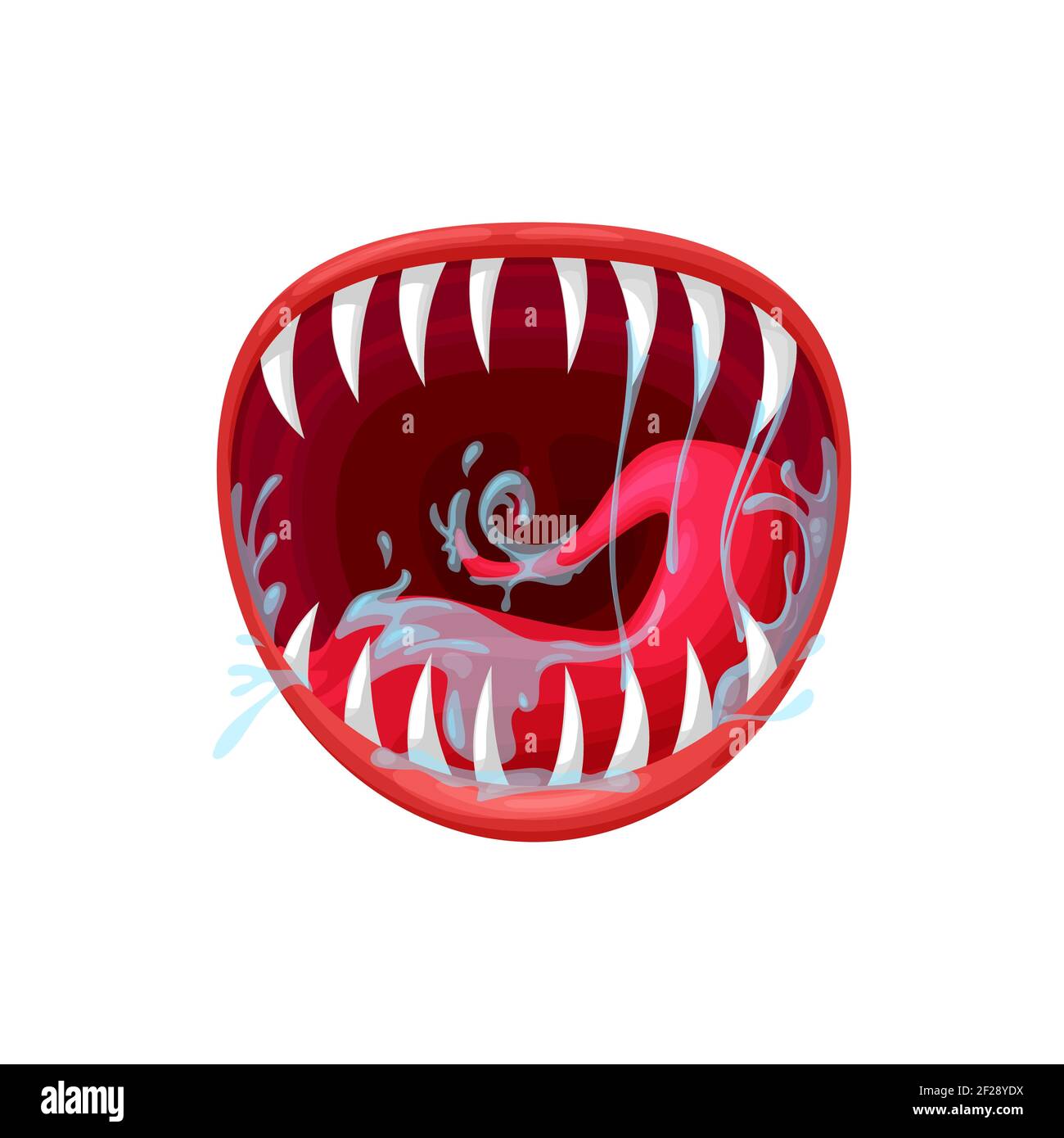 Icône de vecteur de bouche de monstre, mâchoires de bête criantes avec dents acérées et longue langue avec salivation éclabousse. Créature en colère isolée sur le backgrou blanc Illustration de Vecteur
