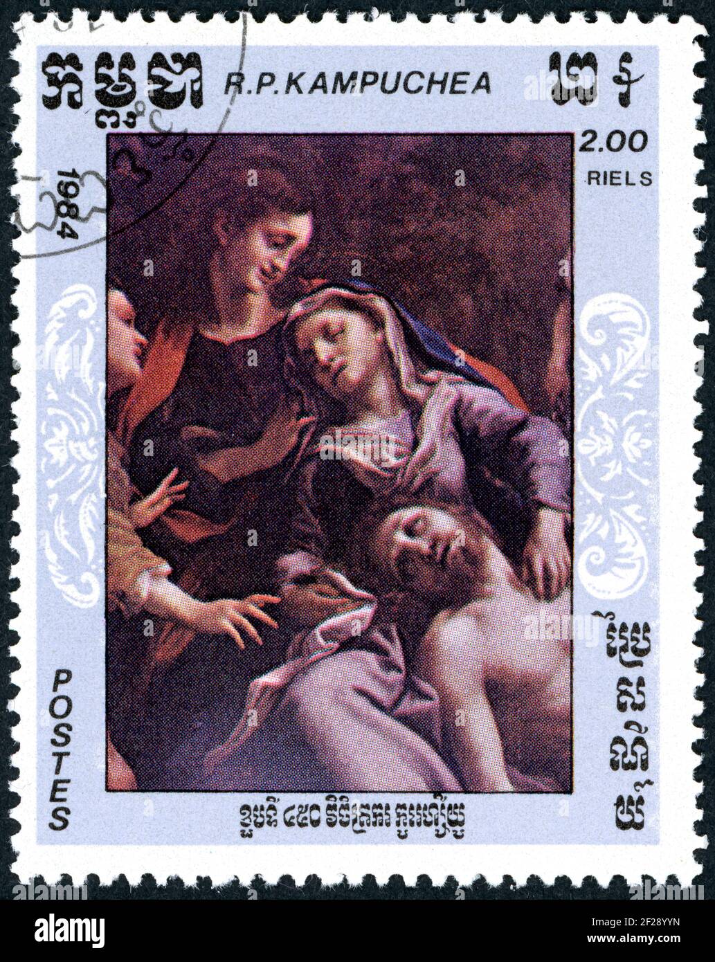 KAMPUCHEA - VERS 1984: Un timbre imprimé à Kampuchea, a montré les détails de peintures: La Deposition, par Antonio da Correggio, vers 1984 Banque D'Images