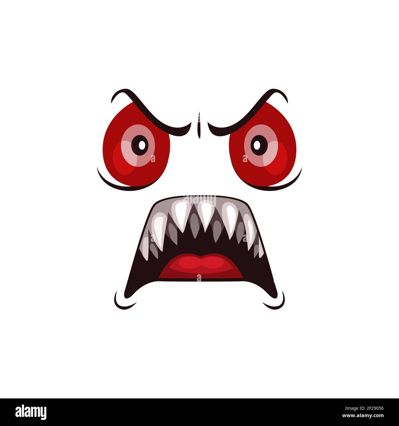 Icône de vecteur de dessin animé de visage de monstre, fantôme d'Halloween, émotion de créature créepy avec les yeux rouges en colère et la bouche roar avec de longues dents acérées. Emoj effrayant extraterrestre Illustration de Vecteur