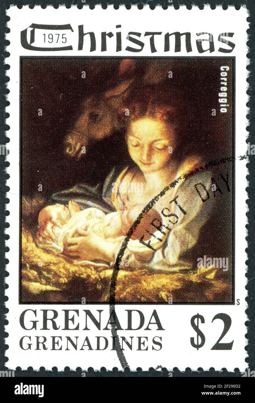 Un timbre imprimé à Grenade Grenadines, numéro de Noël, a montré la Marie avec l'enfant et les anges, par Antonio da Correggio, vers 1975 Banque D'Images