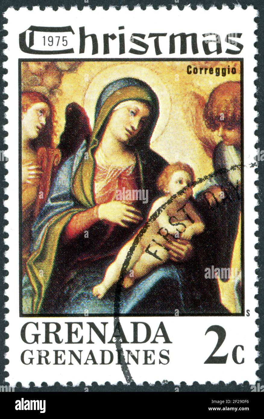Un timbre imprimé à Grenade Grenadines, numéro de Noël, a montré la Marie avec l'enfant et les anges, par Antonio da Correggio, vers 1975 Banque D'Images