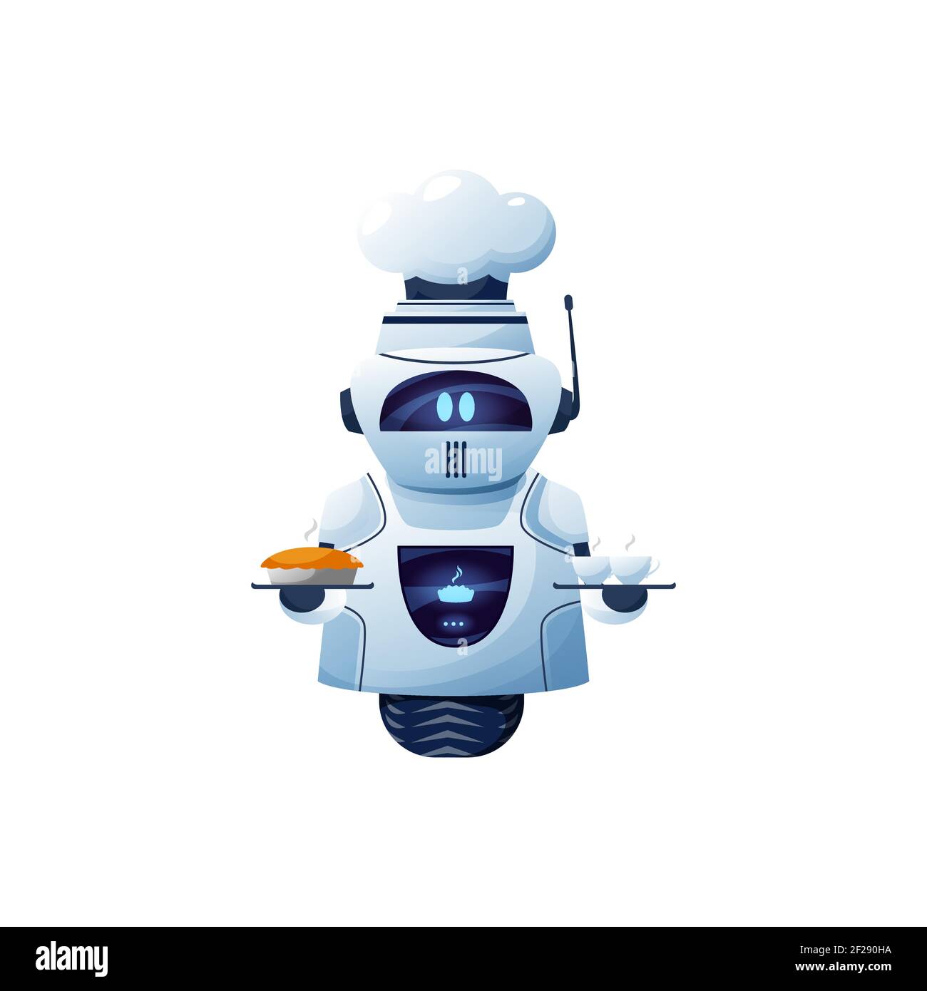 Chef robot de dessin animé, personnage de cyborg vecteur en toque tenir plateau avec boulangerie et tasse de boisson. Technologie de l'intelligence artificielle, robot sympathique sur la roue Illustration de Vecteur