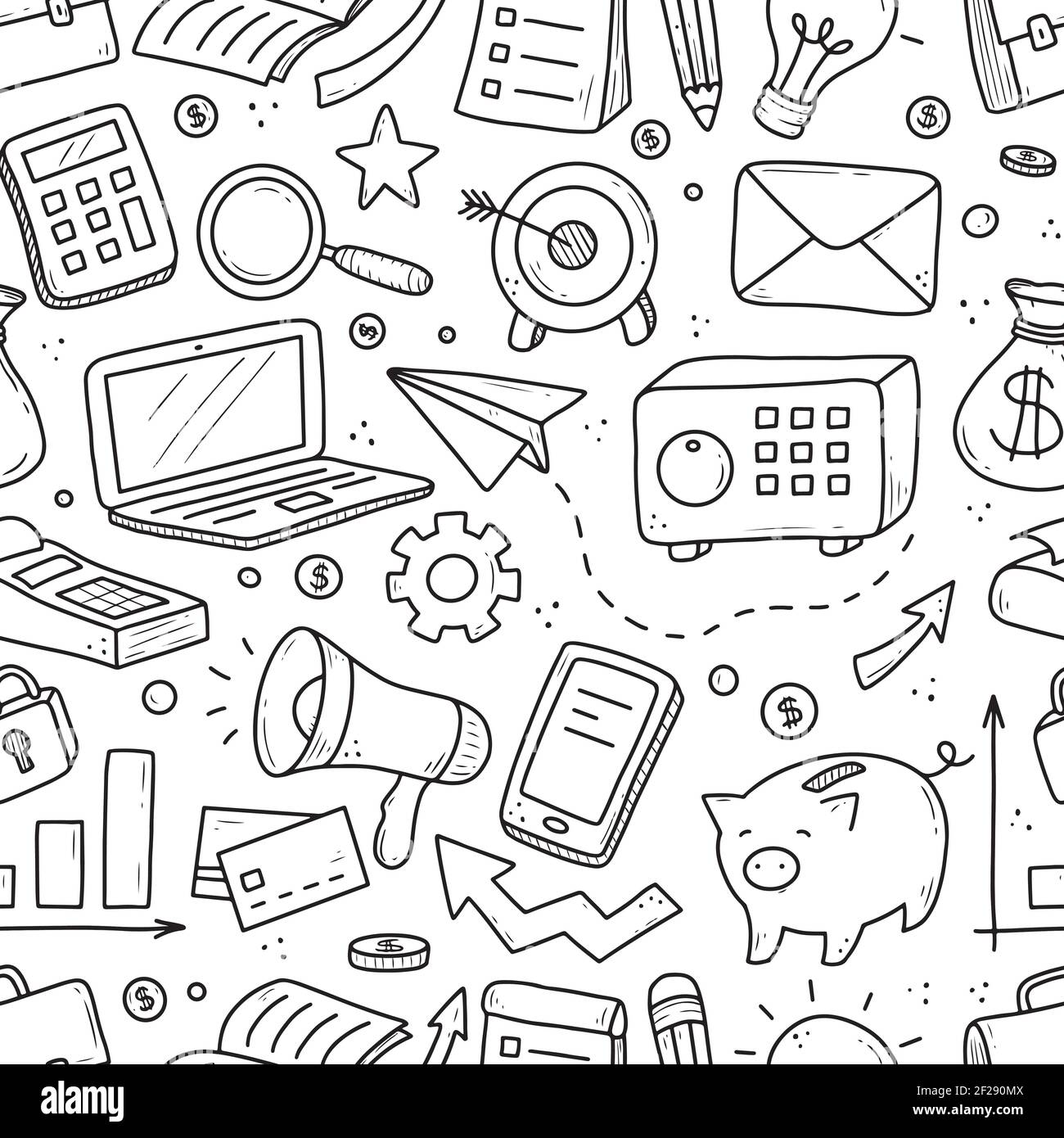 Dessin à la main des éléments commerciaux et financiers, de l'argent, de la calculatrice, de la pièce. Style d'esquisse Doodle. Élément métier dessiné par un stylo numérique. Illustration vectorielle pour le papier peint, l'arrière-plan, la conception textile. Illustration de Vecteur