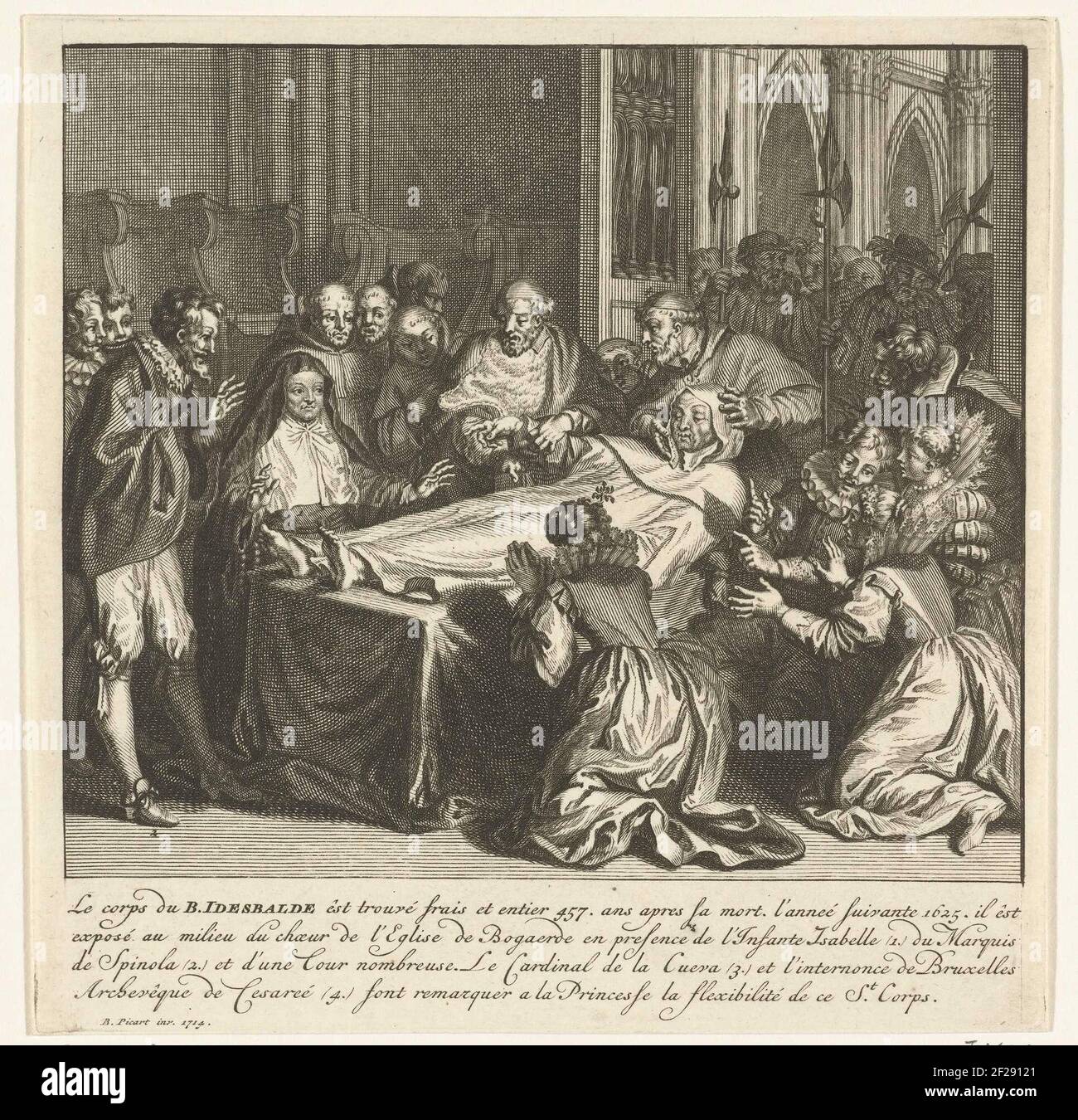 Opgebaarde onverteerde lichaam van de H. Idesbald, 1625.le corps miraculeusement non digéré du blanchissement a déferlé de Ter Duinen, enterré en 1167 et trouvé dans l'abbaye de notre-Dame de Duinen à Koksijde en 1625 (ou 13 novembre 1623) et montré dans l'Abdijhoeve à Bogaerde. Un groupe de spectateurs a été rassemblé autour du corps sur un lit de purge, y compris Isabella Clara Eugenia et Spinola. Avec légende de 4 lignes en français. Banque D'Images