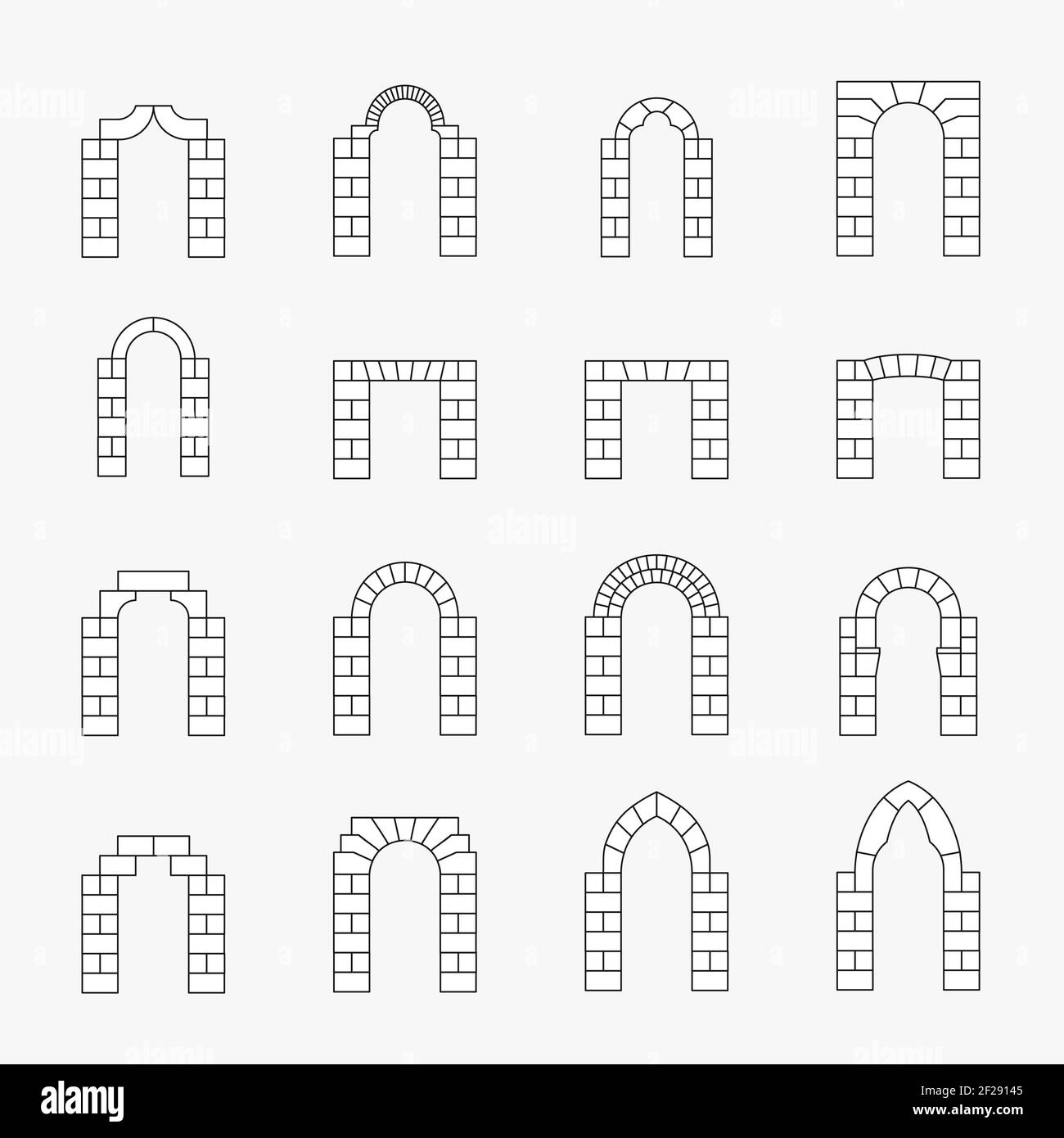 Icônes noires de la silhouette de l'arche vectorielle. Ligne et extérieur, pierre ancienne, colonne architecturale Illustration de Vecteur
