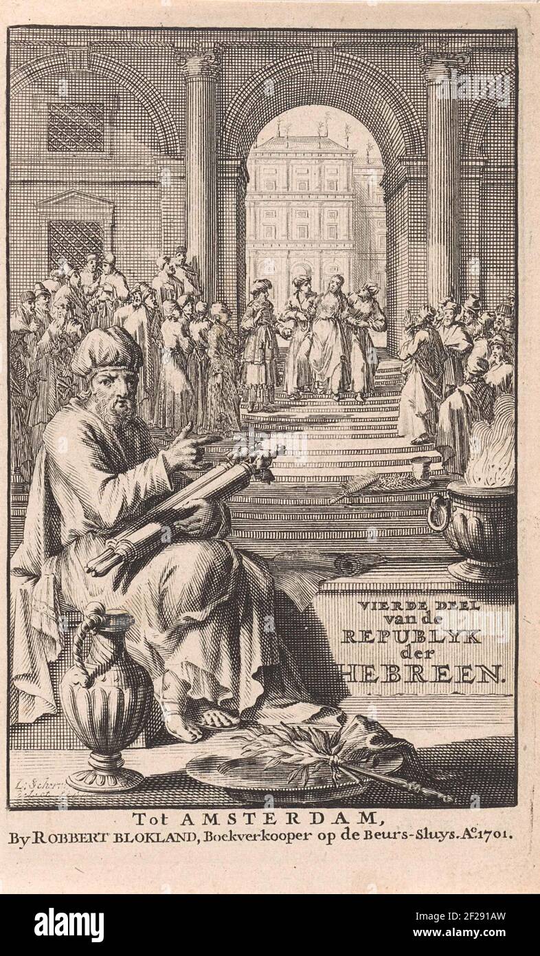 Les Juifs dans un temple; page de titre pour: Goeree, Wilhelmus. Quatrième partie de la Republicenk der Herenren, ou communion des Juifs, 1701.in un Temple, UN Groupe de Juifs regarde comment une femme est bordée par deux hommes, parce qu'elle est dans un état d'accusation. Le Front de gauche est un prophète juif avec un Schrifroll sur ses genoux. Banque D'Images