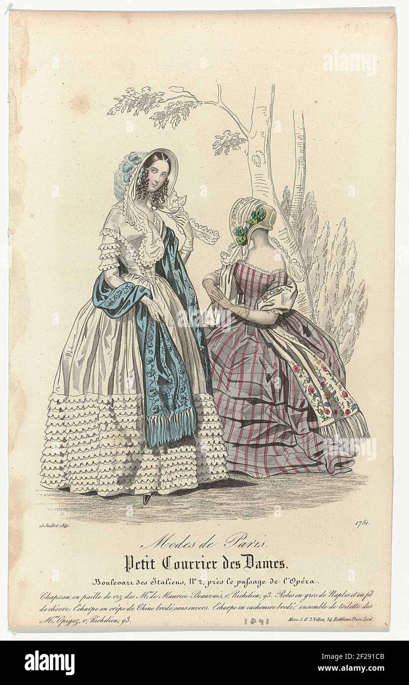 Lettre aux petites dames, 15 juillet 1841, n° 1751: Chapeau de paille de riz (...). Deux femmes dans UN arbre. En concordance avec la légende : chapeau de « paille de riz » des boutiques de Maurice Beauvais. Blagues de 'Wholesale of Naples' et 'et fil de chèvre'. Écharpe de « crêpe de Chine brodée sans envers ». Écharpe en cachemire brodé. 'Des magasins de toilette Opigez. Imprimé du Fashion Magazine Small Dames Courier (1821-1868). Banque D'Images