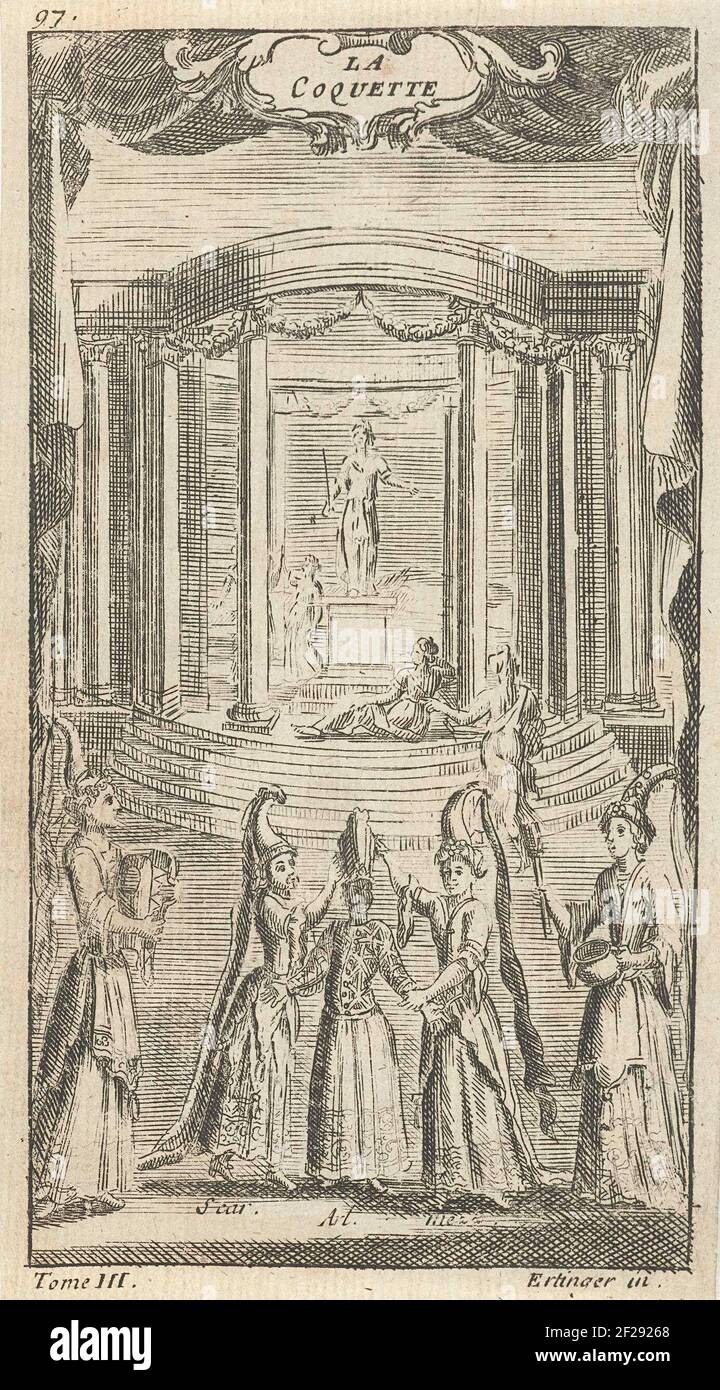 Titelpagina voor la Coquette, dans le Théâtre Italien de Gherardi, Parijs  1700; la Coquette.Scene d'une pièce. Cinq salles à chapeau avec chapeaux de  haut point. En arrière-plan un bâtiment de l'hémisphère avec