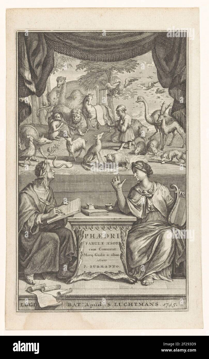 Schrijver, muze en dieren; Titelpagina voor: Pieter Burman, Phaedri fabulae Aesop, 1745.a une table en pierre avec le titre du livre, un homme, éventuellement aesopus, écrit sur un comprimé. En face de lui est une femme avec treuil, peut-être la muse terpsichore. En arrière-plan sur une scène, les animaux et une naine qui se produisent dans les fables d'Aesopus. Banque D'Images