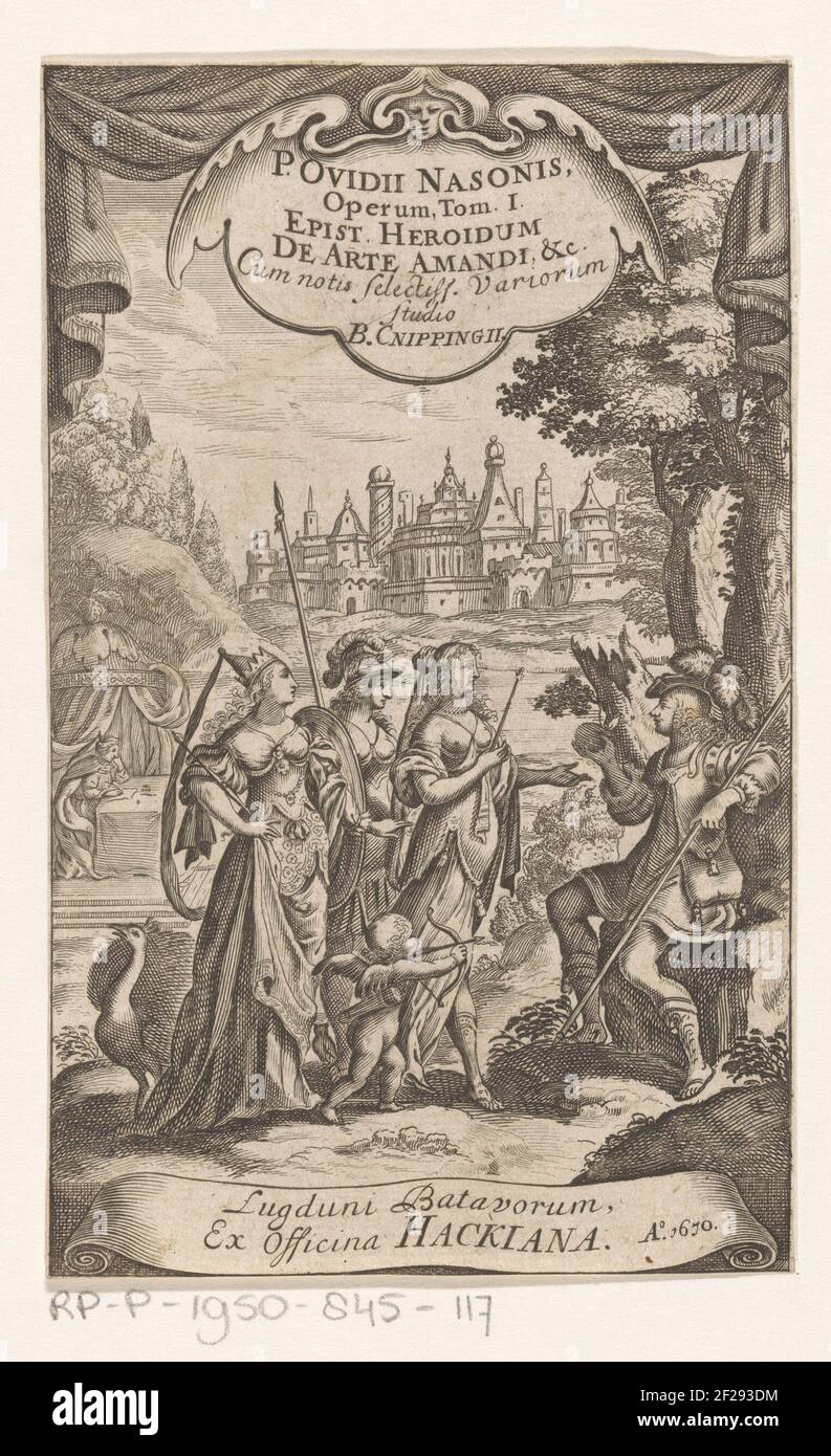 Oordeel van Paris; Titelpagina voor: Ovidius en Borchardus Cnippingus, Epist. Heroidum de Arte Amandi, 1670.Paris assis contre un arbre avec la pomme dorée dans sa main droite. Avec lui, les trois déesses sont vénus avec amor, minerva avec bouclier et hibou et juno avec paon. En arrière-plan, vue sur une ville. La performance est fermée avec des draperies au sommet. Banque D'Images