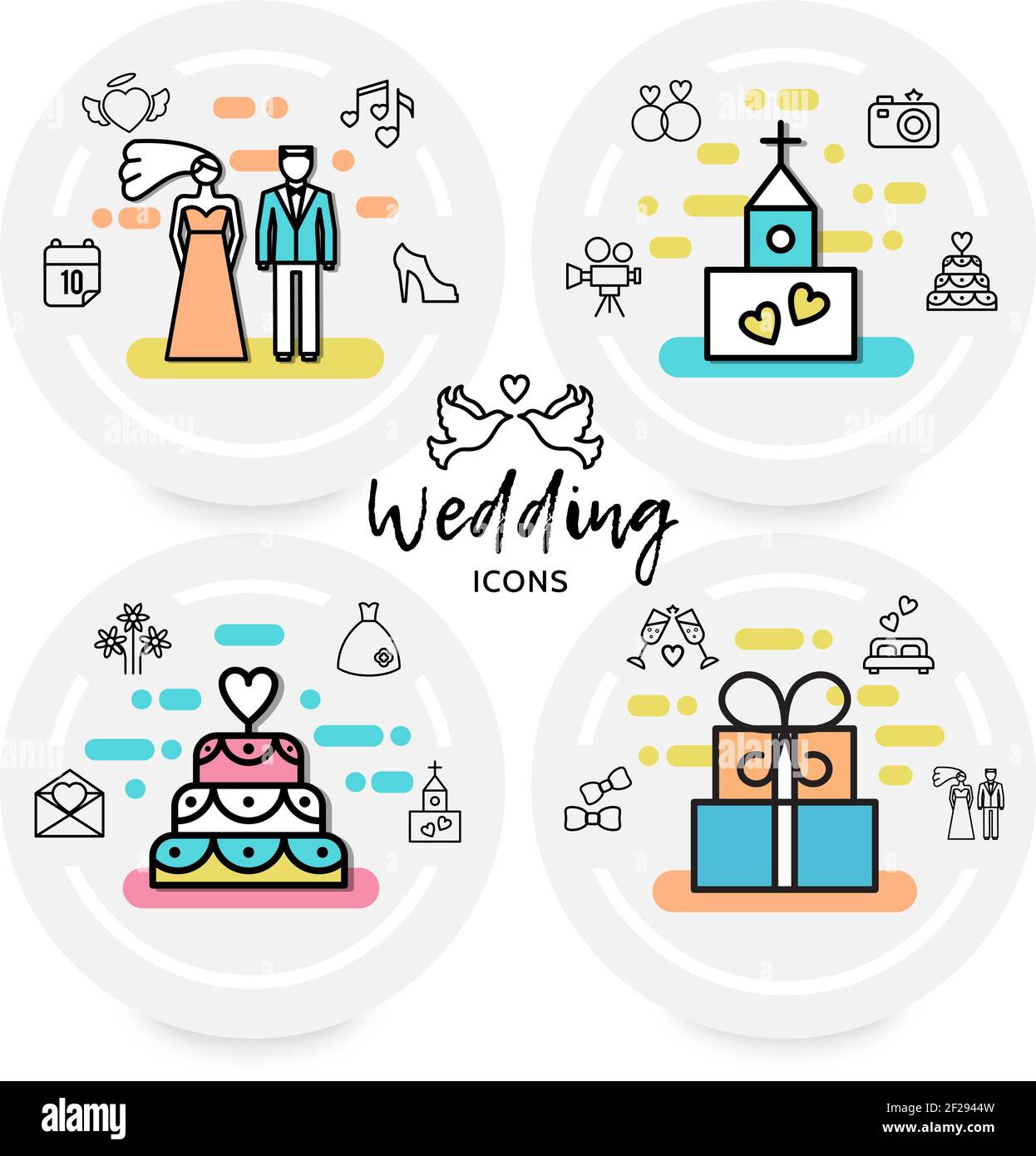 Mariage ligne icônes concept avec mariée marié chaussure coeur église appareil photo gâteau anneaux lettre feux d'artifice robe boîtes cadeau lit isolé illustration vectorielle Illustration de Vecteur