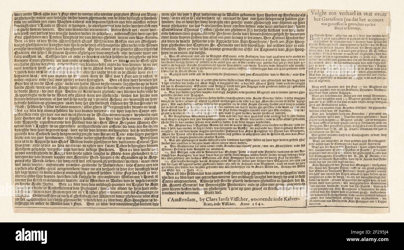 Kaart van het beleg van huis te Gennep (tekstblad vervolg), 1641; Korte verklaringe, mitsgaders de Afbeeldinge van 't Leger van Sijn Hoogheyt den Prince van Orangien voor ' Gennefer Huys.feuille de texte sur la carte de Gennep avec la maison à Gennep et ses environs, assiégée et conquise par l'armée d'état sous Frederik Hendrik, 6 juin - 27 juillet 1641. Suite de la première partie du texte en 2 colonnes avec une troisième colonne séparée avec une Description du départ de la garnison espagnole de la maison de Gennep, en néerlandais. Partie d'un ensemble constitué d'un titre en 4 bandes, les 4 plaques Banque D'Images