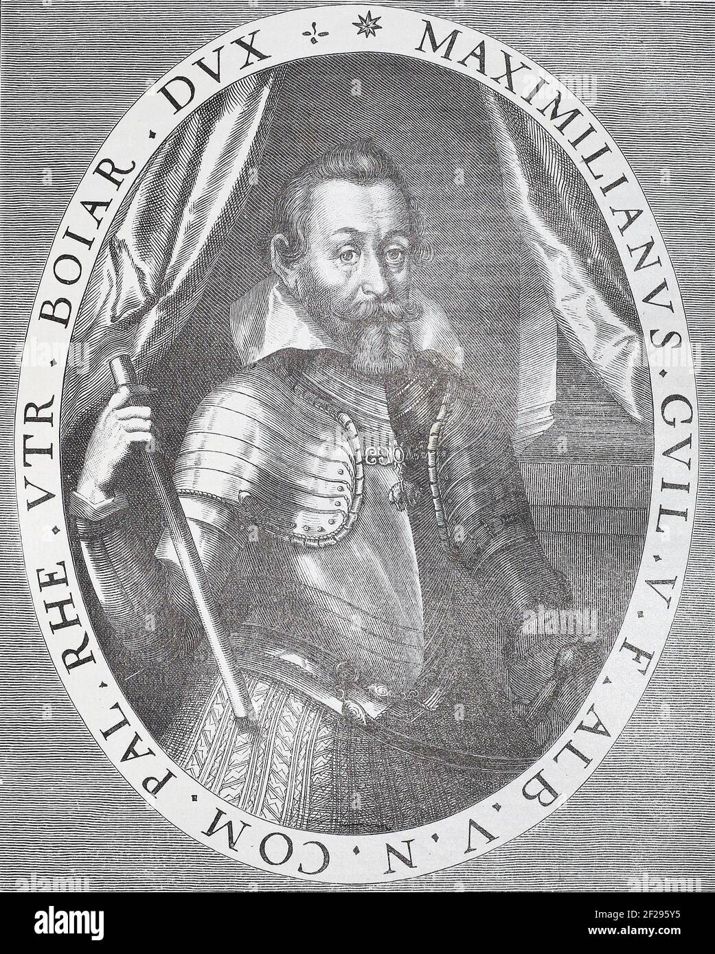 Maximilian I, électeur de Bavière. Gravure de 1620. Maximilian I (17 avril 1573 – 27 septembre 1651), parfois appelé « le Grand », membre de la Maison de Wittelsbach, a régné en tant que duc de Bavière à partir de 1597. Son règne fut marqué par la guerre de trente ans au cours de laquelle il obtint le titre de prince-électeur du Saint Empire romain au régime de Ratisbonne en 1623. Banque D'Images