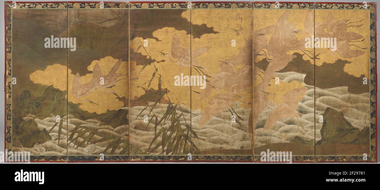 Écran en six parties. Un tel écran représentant un hérons de vol au-dessus de l'eau et des rochers. Remarque : voir aussi AK-MAK-170-A. Banque D'Images