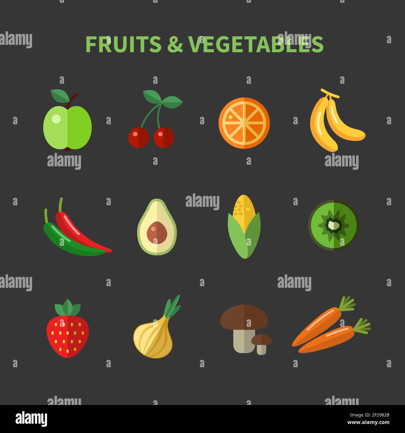 Ensemble de symboles plats de fruits et légumes. Pomme et cerise, avocat et maïs et carottes Illustration de Vecteur
