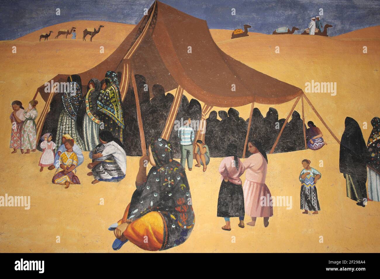 Art bédouin marocain montrant tente et chameaux au Sahara Dunes de sable Banque D'Images