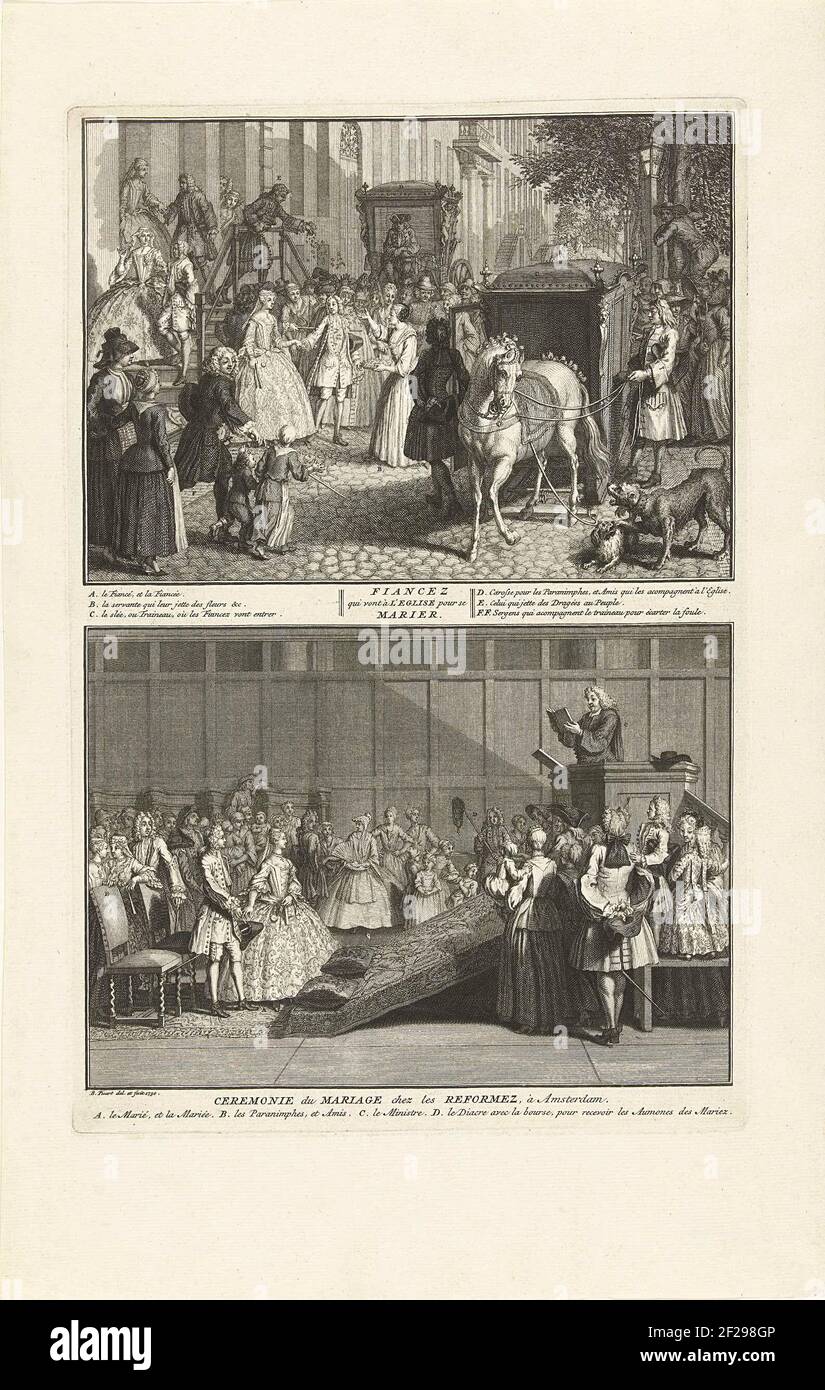 La mariée et la cérémonie de mariage, ca. 1730; Fiancez qui font à l'Eglise pour se marier / cérémonie du mariage chez les Reformez, à Amsterdam.twe performances sur l'usage du mariage à la réformée à Amsterdam, ca. 1730. Dans la représentation supérieure, le couple de fiancé quitte la maison pour avoir lieu dans le couple assigné à l'église. Dans la représentation inférieure la cérémonie de mariage dans l'église. Avec légendes en français. Banque D'Images