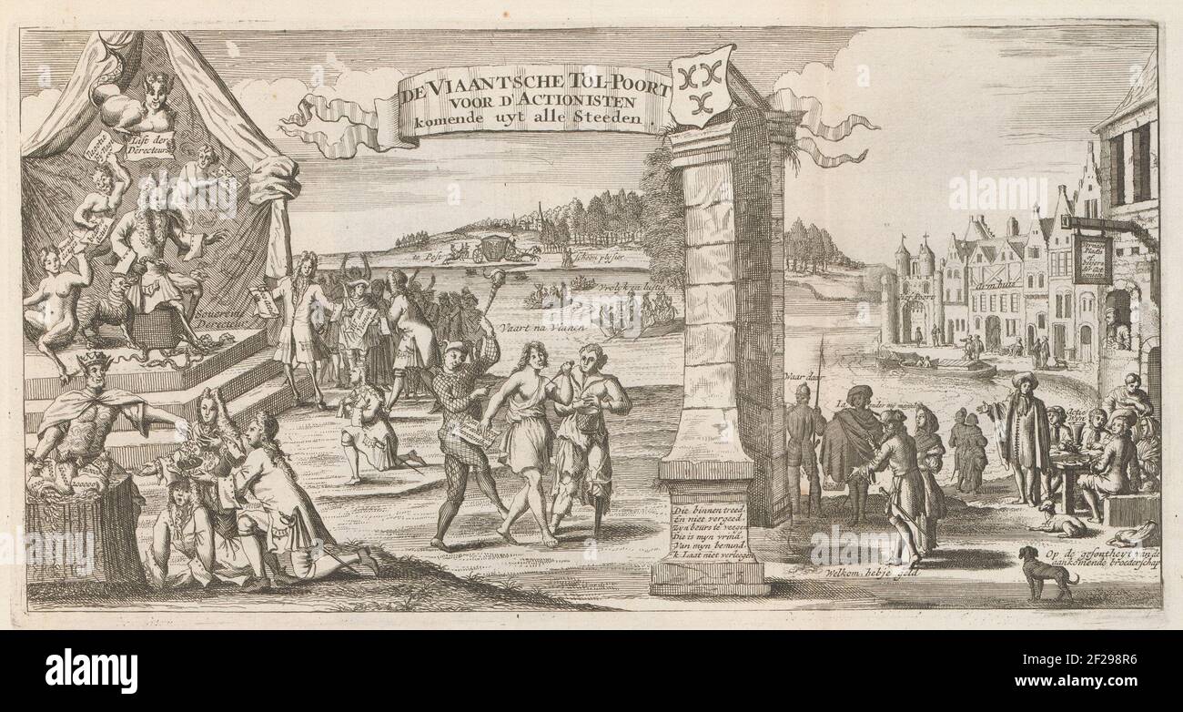 De tolpoort te Vianen voor de Actionisten, 1720; de Viaantsche Tol-Poort voor d'Actionisten komende uyt alle steeden; Het Groote Tafereel der Dwaasheid.Cartoon au commerce du vent à Vianen. John Law est assis à gauche comme le souverain directeur du commerce de l'éolien à Vianen sur son trône entouré de diables, sur la droite le péage, de sorte que seuls les gens peuvent entrer de l'argent. Légende avec un verset en trois colonnes imprimée à partir d'une plaque séparée. Imprimer dans la première édition liée (304 B 10) de la grande scène de folie avec les cartouches au commerce éolien ou d'action 1820. Banque D'Images