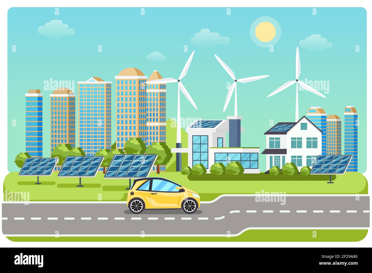 Electromobile sur autoroute. Voiture électrique, voiture électrique, ville de moulin à vent, électromobile solaire, conduite sur autoroute. Illustration vectorielle Illustration de Vecteur