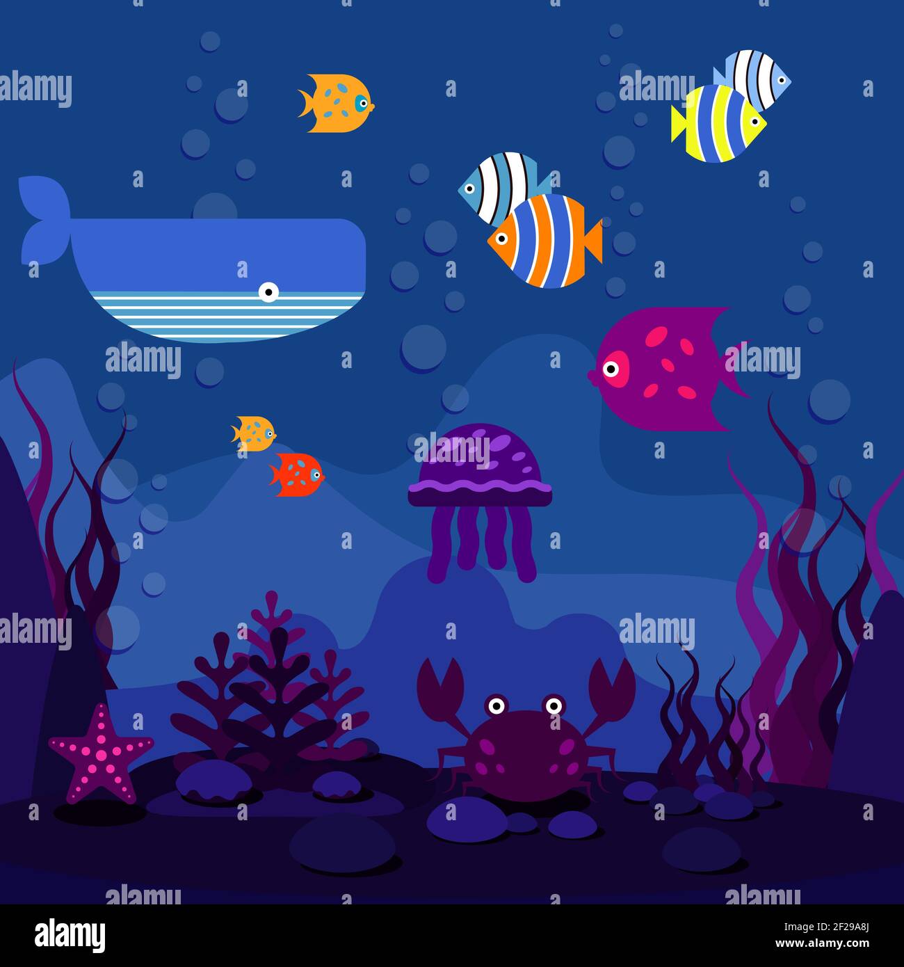 Monde sous-marin. Océan ou mer, poissons dans l'aquarium et la baleine, illustration vectorielle Illustration de Vecteur