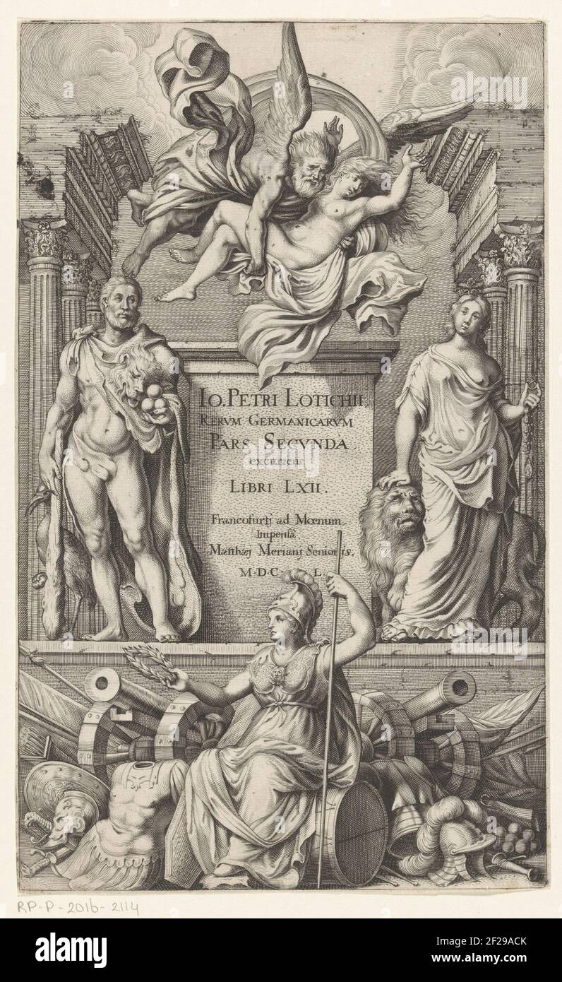 Allegorische voorstelling met Hercules, Germania en Minerva; Titelpagina voor: Johann Peter Lotichius, Rerum Germanucarum, Pars Secunda, Libri LXII, 1650.a gauche d'un piédestal est Hercules avec peau de lion, club, trois pommes dorées dans sa main et un oiseau (robinet). De l'autre côté, il y a une figure allégorique de femmes, probablement Germania, avec un lion et dans sa main un anneau et une chaîne. Au-dessus du piédestal vole un vieil homme avec une jeune femme dans ses bras. Au premier plan, Minerva est avec un casque, bâton et couronne de Laurier sur une gorge pour armes et armes. Banque D'Images