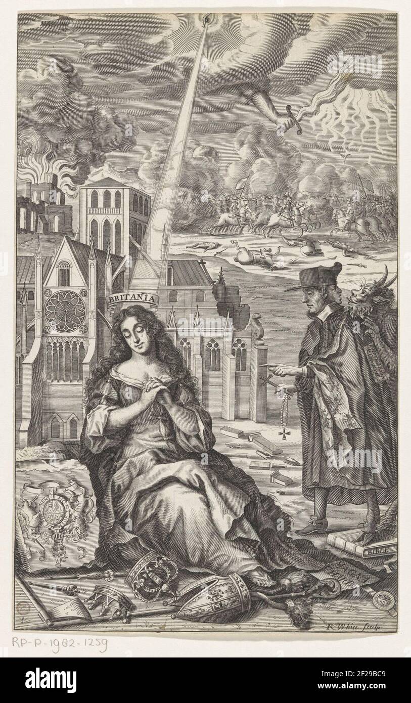 Allegorische voorstelling met huilende Britannia; Britan[n]ia; Titelpagina voor: John Nalson, une collection impartiale des grandes affaires de l'État, depuis le début de la rébellion écossaise de l'année MDCXXXIX. Au murmure du roi Charles Ier, 1682.UN faisceau lumineux de l'œil d'alliage dans les nuages brille sur une femme qui pleure, Britannia. Avec ses pieds, ses couronnes, une hache, un sceptre cassé, un onglet, Un personnel et la Magna Carta. À gauche d'elle a cassé à l'envers avec un manteau de bras. À droite, un homme à deux visages (l'un Puritein, l'autre jésuite), une croix, un rosaire et une patte de chèvre avec laquelle il stan Banque D'Images