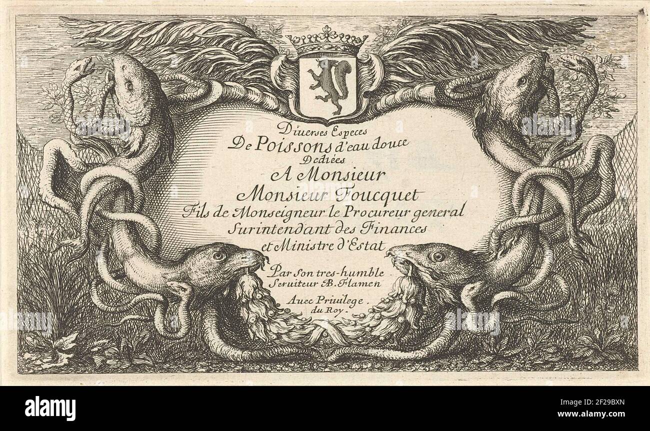 Cartouche met vissen en waterslangen; Vissen en andere zeedieren - zoetwater eerste reeks; Diverses Especes de Poissons d'eau douce.Cartouche avec une bordure de poissons et de tuyaux d'eau. Dans le texte français de la cartouche avec le titre de la série et les noms de fabrication. Au sommet, les armoiries de Nicolas Foucquet. Titre imprimé pour la première gamme d'eau douce de cinq ensembles avec différentes espèces de poissons et d'autres animaux marins. Banque D'Images