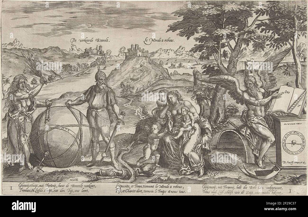 De verkeerde wereld, 1579; de verkeerde Weerelt / le monde a rebous; Allegorieën op de politieke toestand in de Nederlanden in de jaren 1576-1579.Paysage dans lequel les figures allégoriques et les pixels forment ensemble un rebus. Les personnifications du stress et de la tyrannie maintiennent le monde à l'envers, en plus de l'amour du sommeil et du temps avec un livre ouvert. Dans la légende, la solution du rebus en 3 versets de 2 règles chacune en néerlandais, français et allemand. Numéroté à droite et en bas à gauche : I / I. Banque D'Images